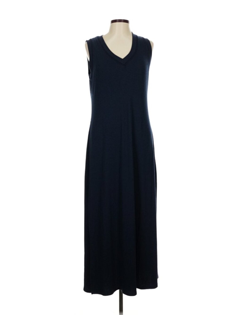 NINE BRITTON M Navy Ribbed Fitted Sleeveless Midi Dress Women
